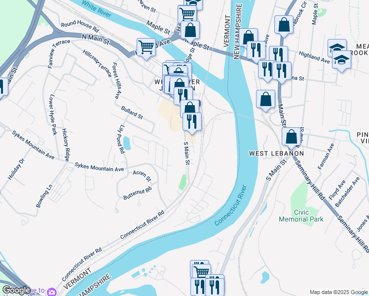 map of restaurants, bars, coffee shops, grocery stores, and more near 230 South Main Street in Hartford