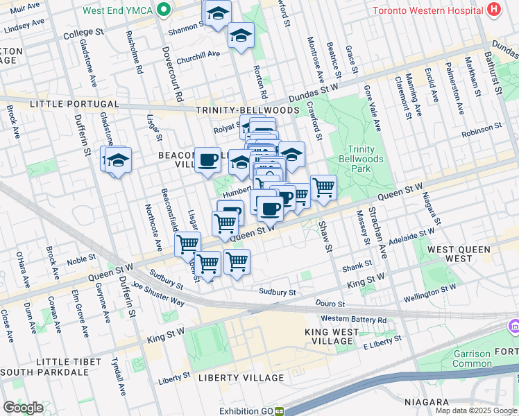 map of restaurants, bars, coffee shops, grocery stores, and more near in Toronto