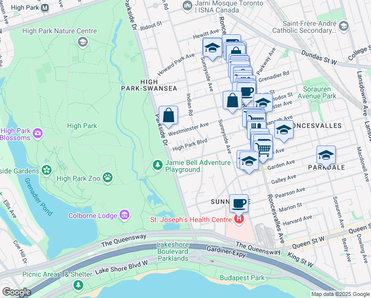 map of restaurants, bars, coffee shops, grocery stores, and more near in Toronto