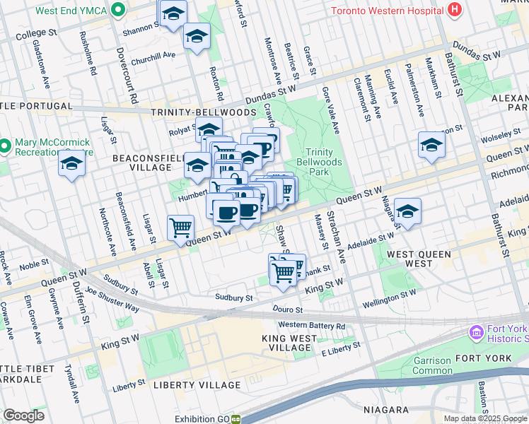 map of restaurants, bars, coffee shops, grocery stores, and more near 948 Queen Street East in Toronto