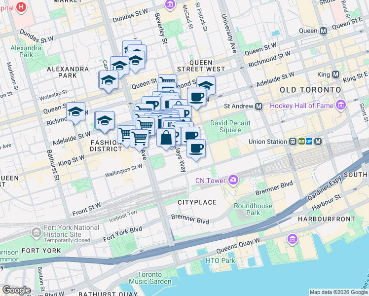 map of restaurants, bars, coffee shops, grocery stores, and more near 270 Wellington Street West in Toronto