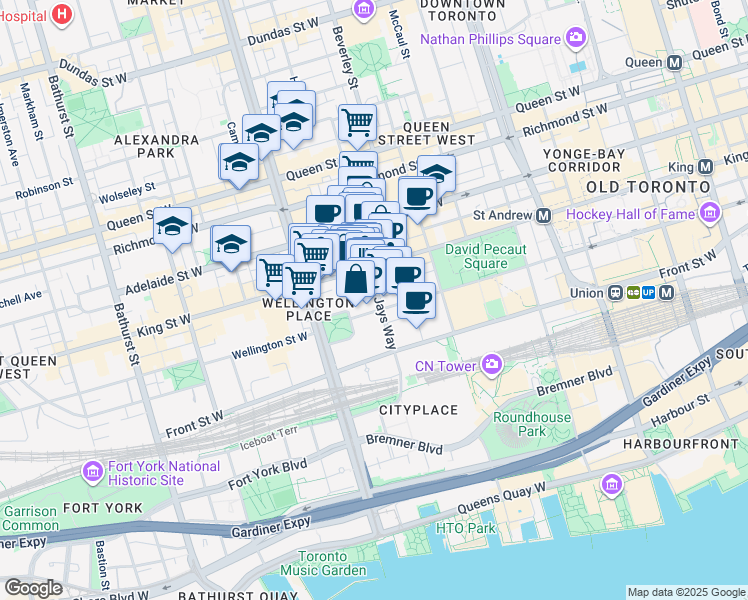 map of restaurants, bars, coffee shops, grocery stores, and more near 36 Blue Jays Way in Toronto