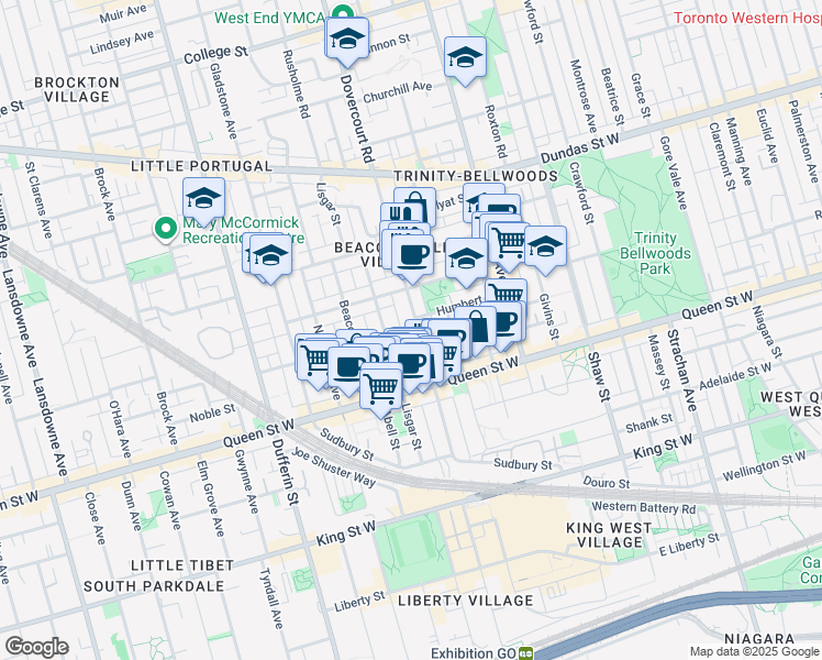 map of restaurants, bars, coffee shops, grocery stores, and more near 148 Dovercourt Road in Toronto