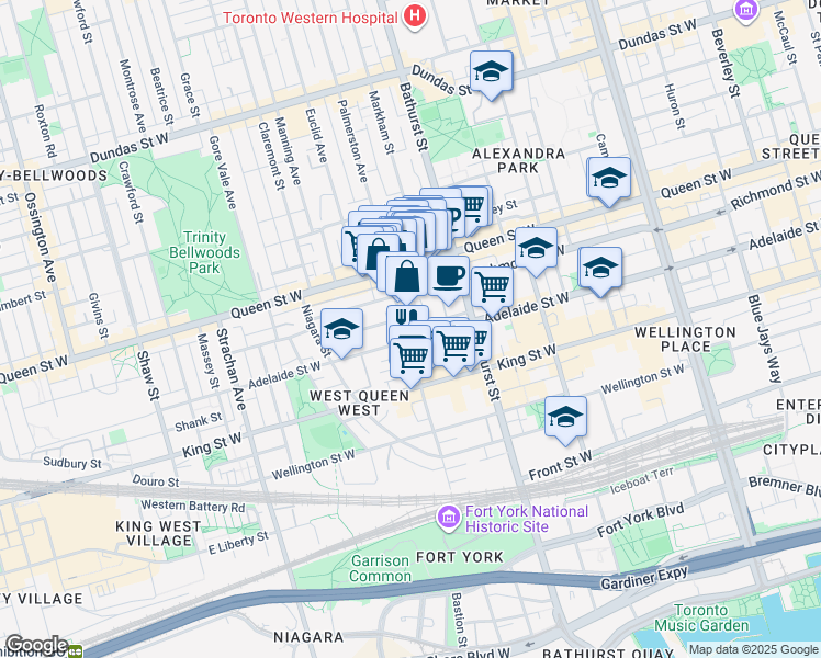 map of restaurants, bars, coffee shops, grocery stores, and more near 109 Tecumseth Street in Toronto