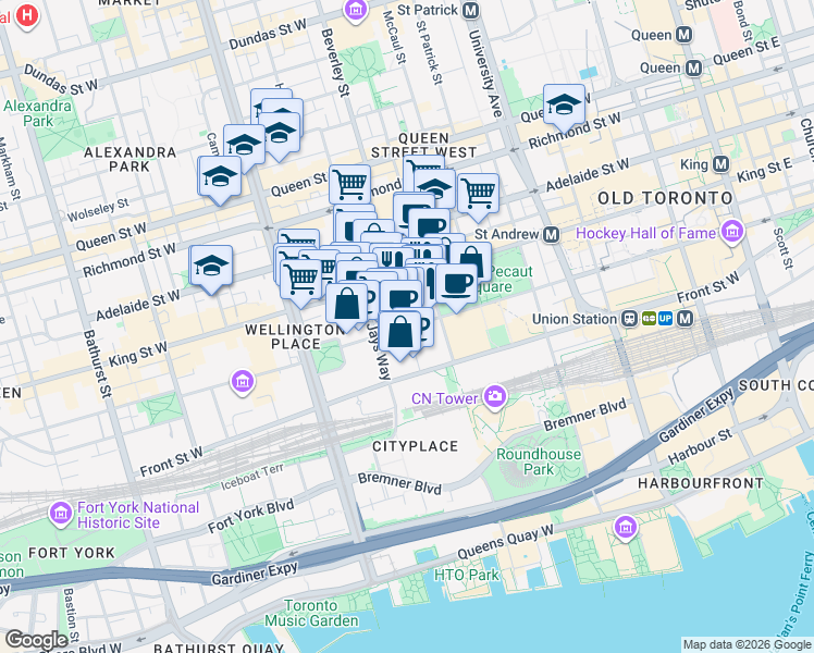 map of restaurants, bars, coffee shops, grocery stores, and more near Wellington Street West in Toronto