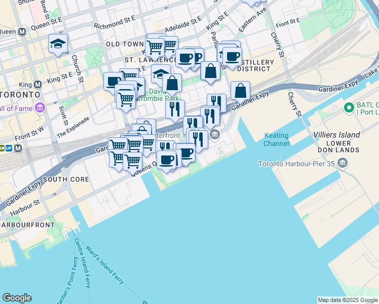 map of restaurants, bars, coffee shops, grocery stores, and more near 61 Dockside Drive in Toronto