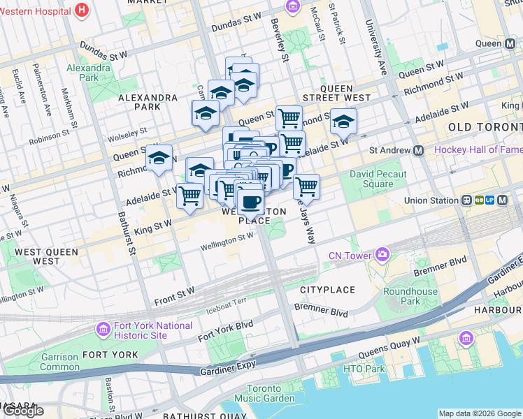 map of restaurants, bars, coffee shops, grocery stores, and more near 57 Spadina Avenue in Toronto