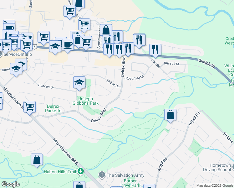 map of restaurants, bars, coffee shops, grocery stores, and more near 403 Delrex Boulevard in Halton Hills