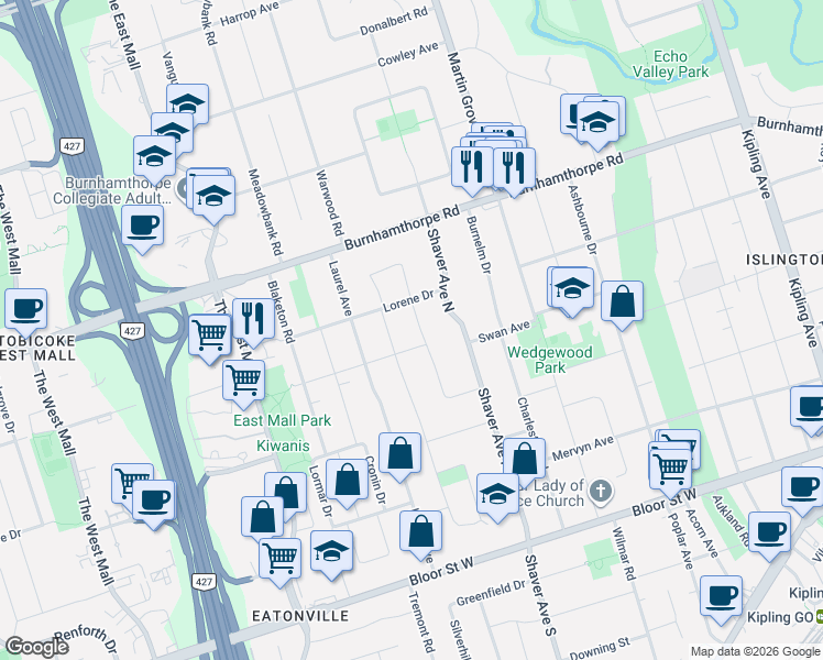 map of restaurants, bars, coffee shops, grocery stores, and more near 50 Northampton Drive in Toronto