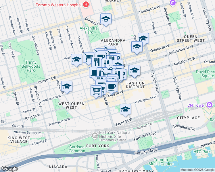 map of restaurants, bars, coffee shops, grocery stores, and more near 525 Adelaide Street West in Toronto