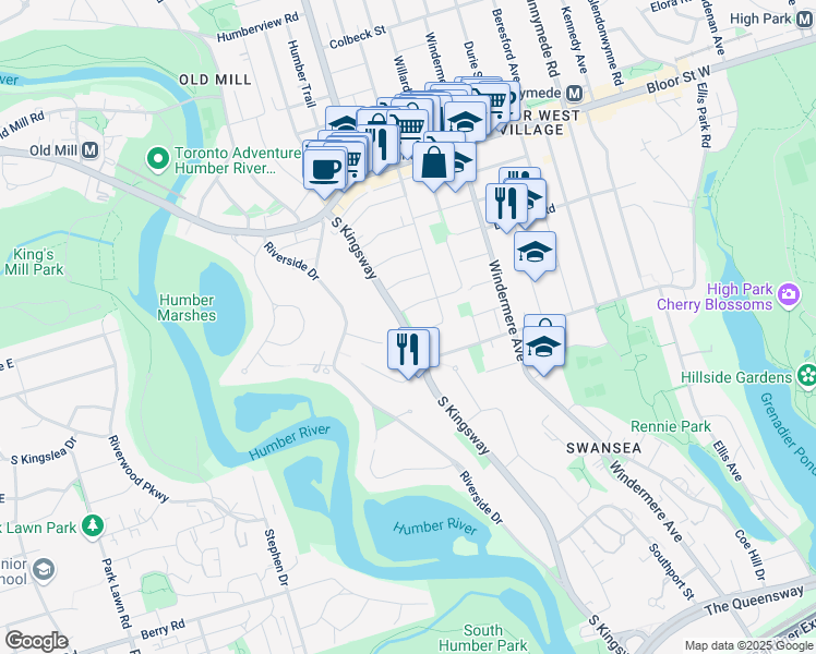 map of restaurants, bars, coffee shops, grocery stores, and more near 25 Sunnybrook Road in Toronto