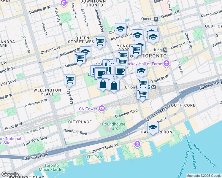 map of restaurants, bars, coffee shops, grocery stores, and more near 200 Front Street West in Toronto