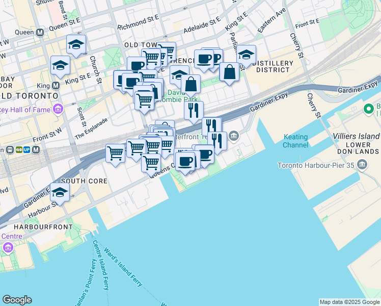 map of restaurants, bars, coffee shops, grocery stores, and more near in Toronto