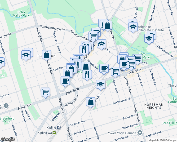 map of restaurants, bars, coffee shops, grocery stores, and more near 15 Michael Power Place in Toronto