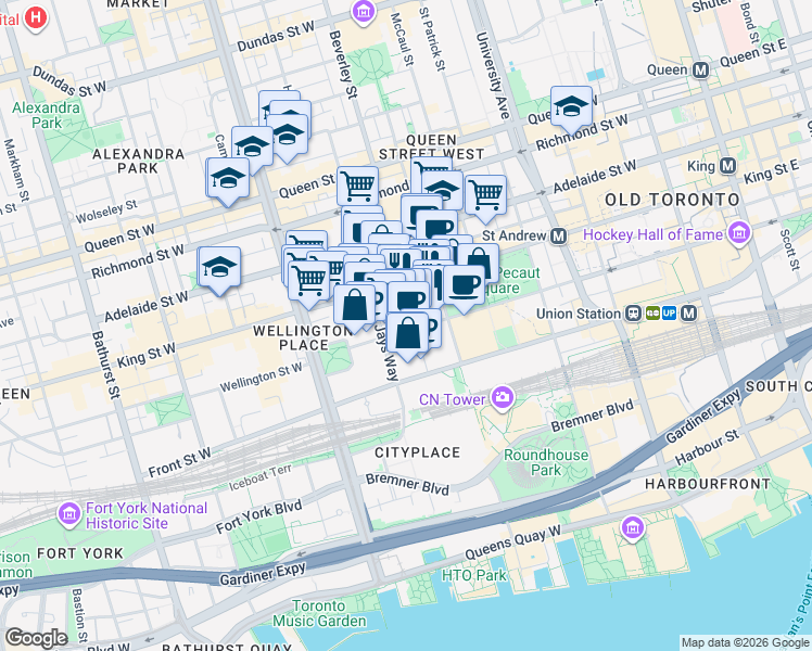 map of restaurants, bars, coffee shops, grocery stores, and more near 270 Wellington Street West in Toronto