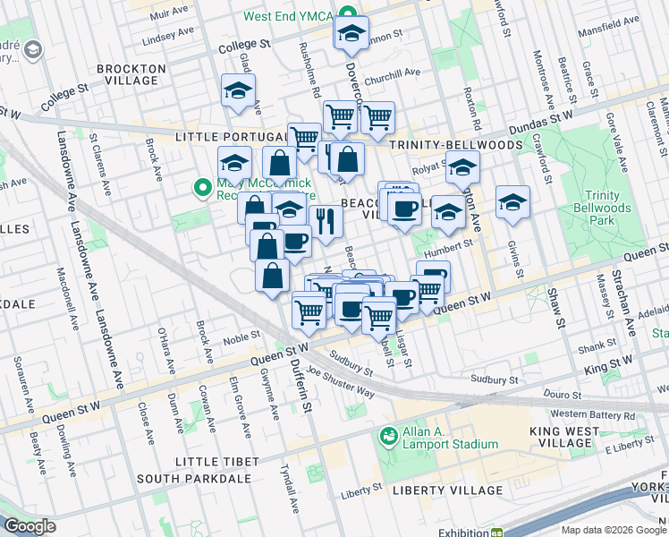 map of restaurants, bars, coffee shops, grocery stores, and more near in Toronto