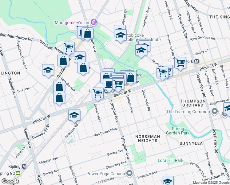 map of restaurants, bars, coffee shops, grocery stores, and more near 3300 Bloor Street West in Toronto