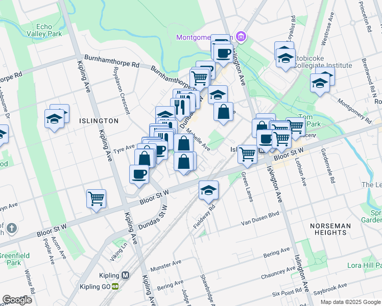 map of restaurants, bars, coffee shops, grocery stores, and more near 15 Michael Power Place in Toronto
