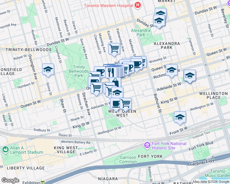 map of restaurants, bars, coffee shops, grocery stores, and more near 80 Mitchell Avenue in Toronto