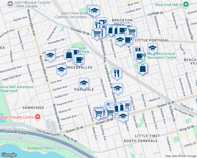 map of restaurants, bars, coffee shops, grocery stores, and more near 11 Garden Avenue in Toronto