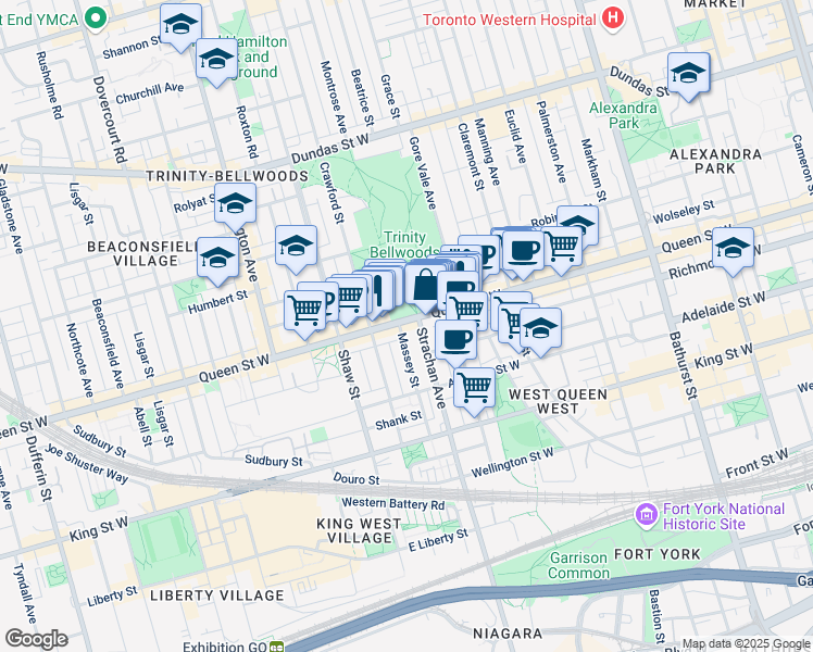map of restaurants, bars, coffee shops, grocery stores, and more near 945 Queen Street West in Toronto