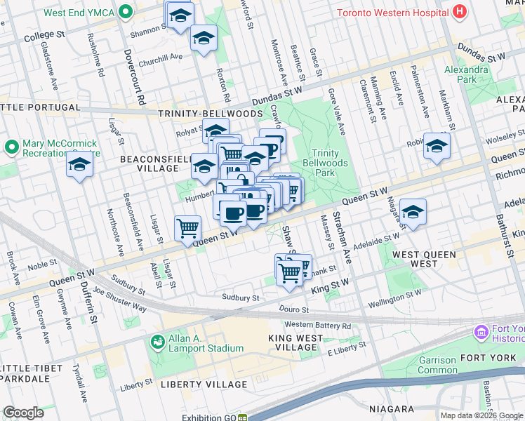 map of restaurants, bars, coffee shops, grocery stores, and more near 7 Givins Street in Toronto