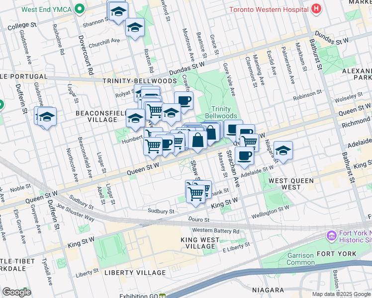 map of restaurants, bars, coffee shops, grocery stores, and more near 2 Pridham Place in Toronto