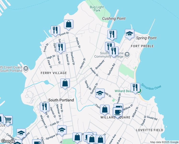 map of restaurants, bars, coffee shops, grocery stores, and more near 137 Preble Street in South Portland