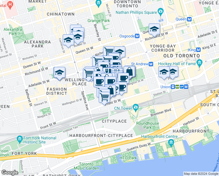 map of restaurants, bars, coffee shops, grocery stores, and more near in Toronto