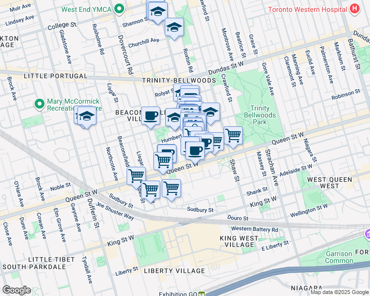 map of restaurants, bars, coffee shops, grocery stores, and more near in Toronto