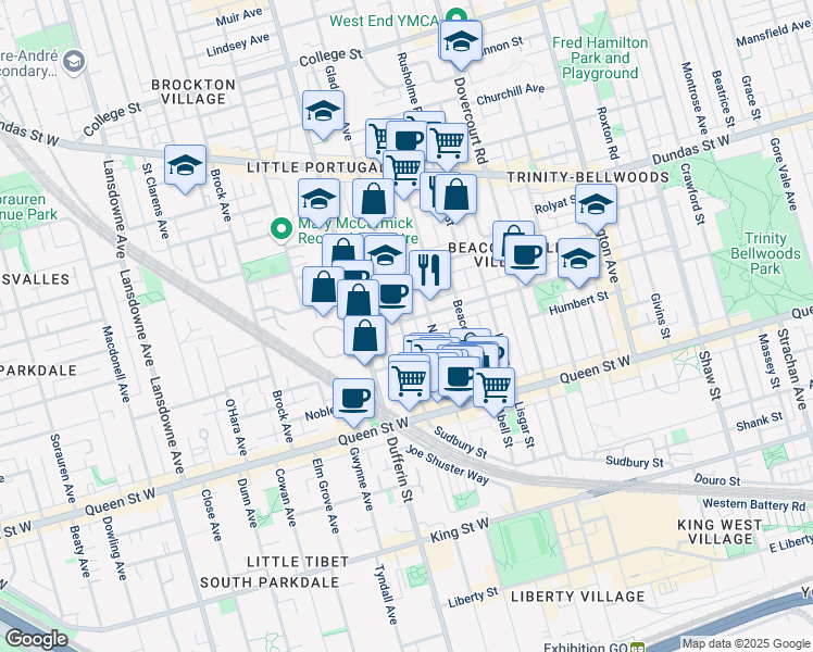 map of restaurants, bars, coffee shops, grocery stores, and more near in Toronto