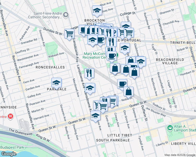 map of restaurants, bars, coffee shops, grocery stores, and more near 103 West Lodge Avenue in Toronto
