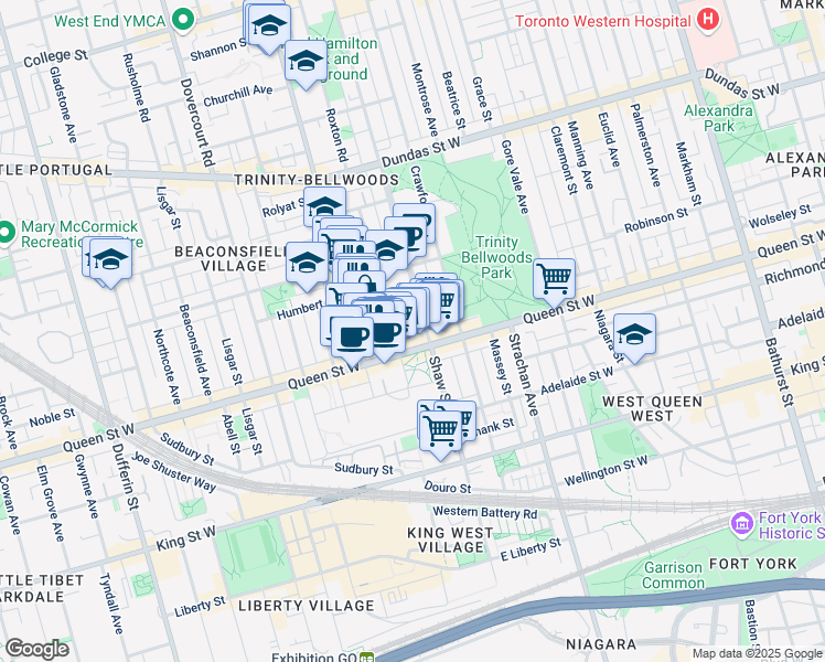 map of restaurants, bars, coffee shops, grocery stores, and more near 948 Queen Street West in Toronto