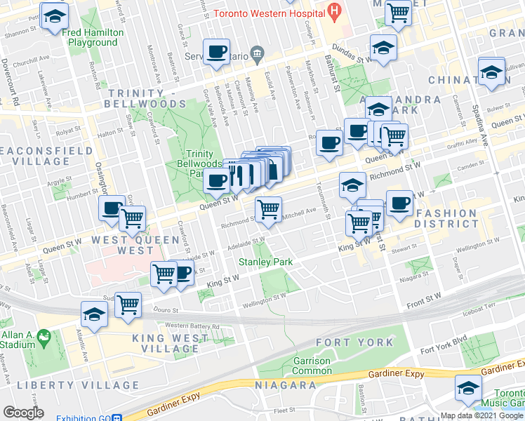 map of restaurants, bars, coffee shops, grocery stores, and more near 798 Richmond Street West in Toronto