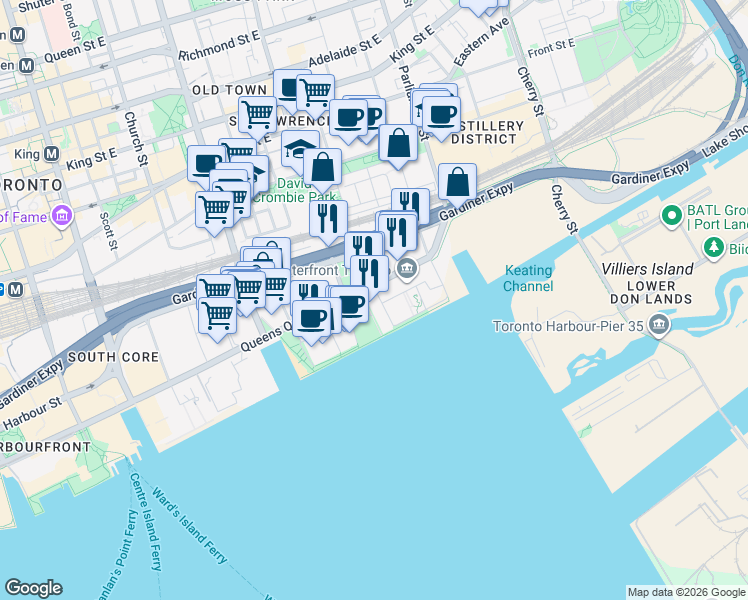 map of restaurants, bars, coffee shops, grocery stores, and more near 15 Merchants' Wharf in Toronto