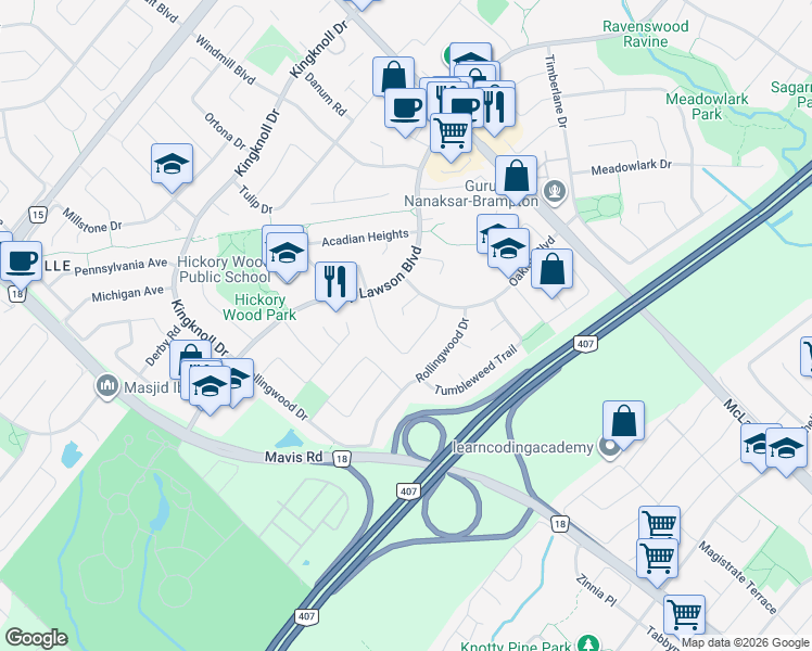 map of restaurants, bars, coffee shops, grocery stores, and more near 14 Rodwell Court in Brampton
