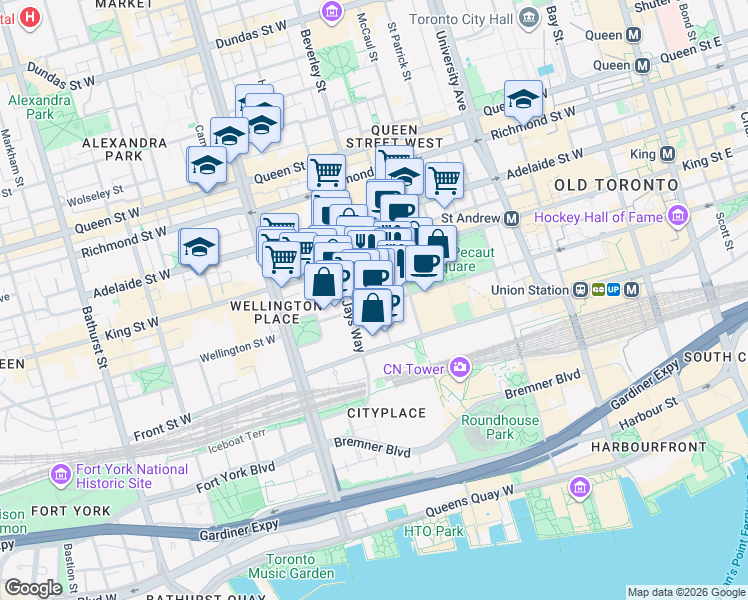 map of restaurants, bars, coffee shops, grocery stores, and more near 250 Wellington Street West in Toronto