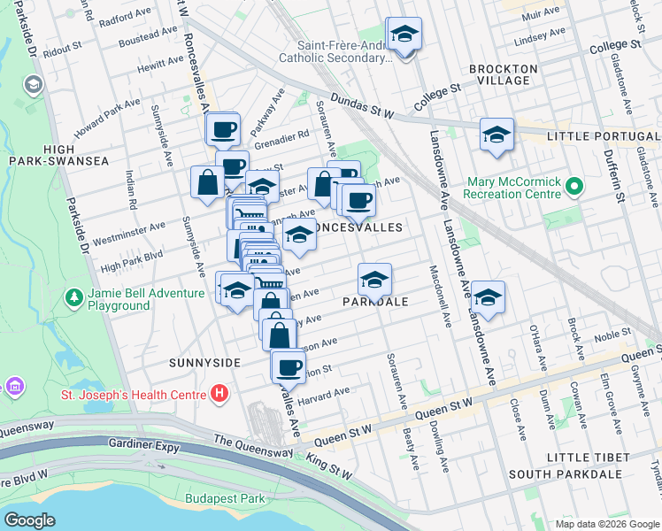 map of restaurants, bars, coffee shops, grocery stores, and more near 99 Fern Avenue in Toronto