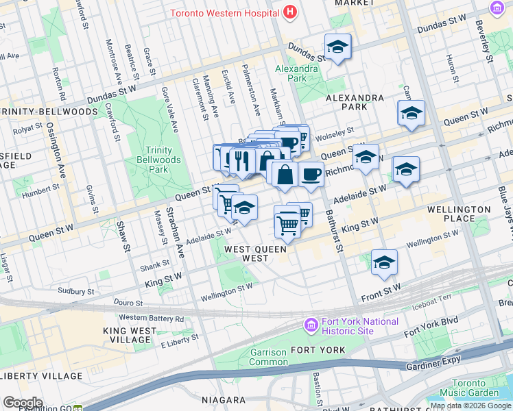map of restaurants, bars, coffee shops, grocery stores, and more near 46 Mitchell Avenue in Toronto
