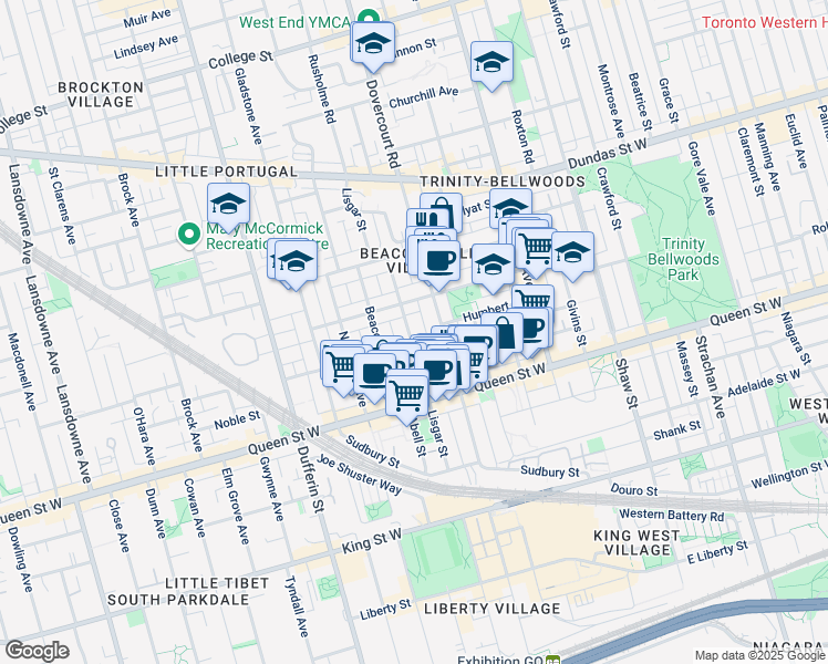 map of restaurants, bars, coffee shops, grocery stores, and more near 164 Dovercourt Road in Toronto