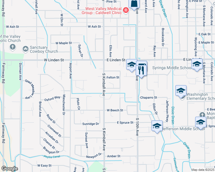 map of restaurants, bars, coffee shops, grocery stores, and more near 107 Poplar Street in Caldwell