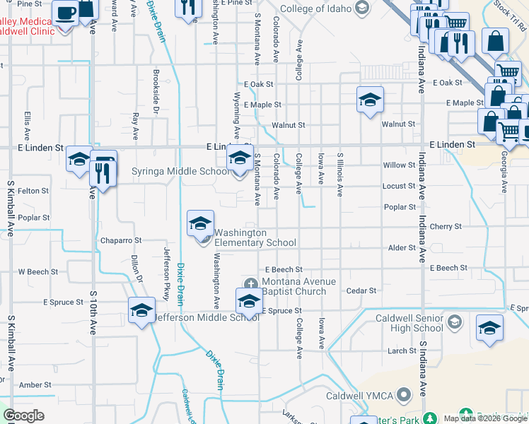 map of restaurants, bars, coffee shops, grocery stores, and more near 1308 Poplar Street in Caldwell