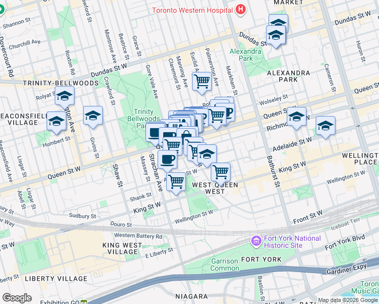 map of restaurants, bars, coffee shops, grocery stores, and more near 798 Richmond Street West in Toronto