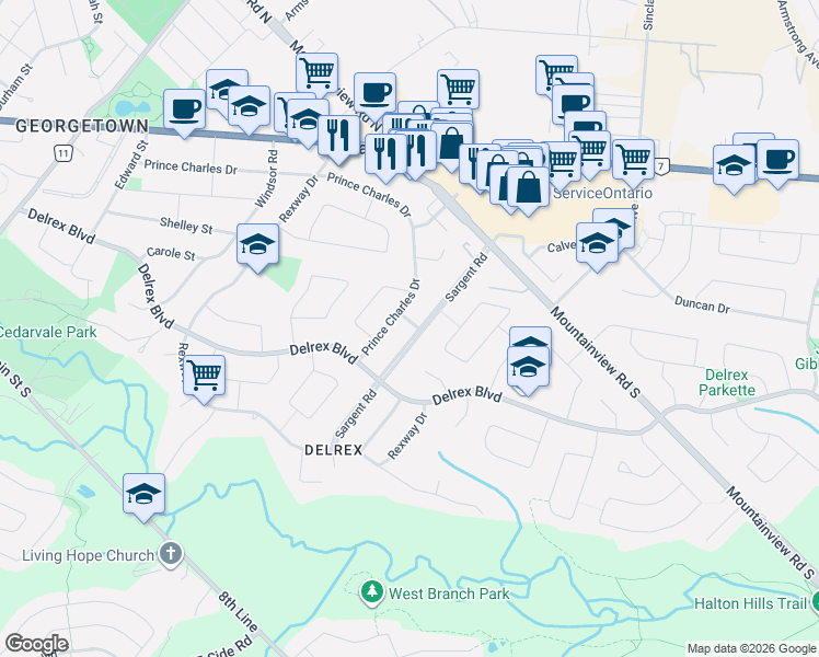 map of restaurants, bars, coffee shops, grocery stores, and more near 6 Gray Gate in Halton Hills