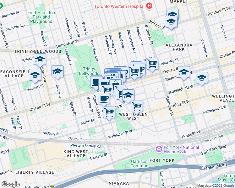 map of restaurants, bars, coffee shops, grocery stores, and more near in Toronto