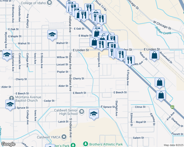 map of restaurants, bars, coffee shops, grocery stores, and more near 2804 South Georgia Avenue in Caldwell