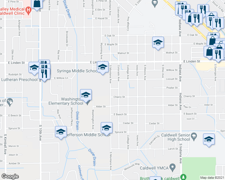 map of restaurants, bars, coffee shops, grocery stores, and more near 1306 Poplar Street in Caldwell