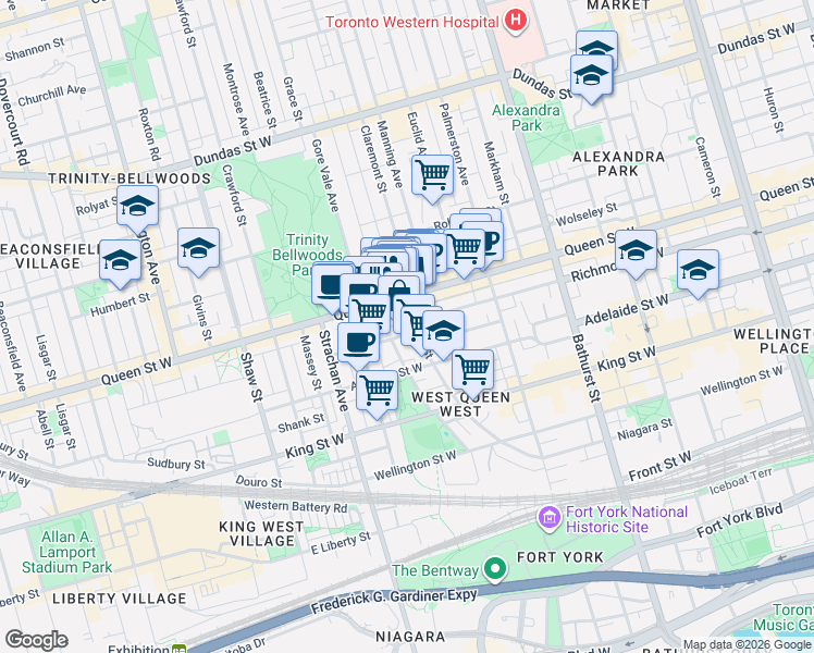 map of restaurants, bars, coffee shops, grocery stores, and more near 798 Richmond Street West in Toronto