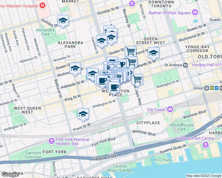 map of restaurants, bars, coffee shops, grocery stores, and more near 439 King Street West in Toronto