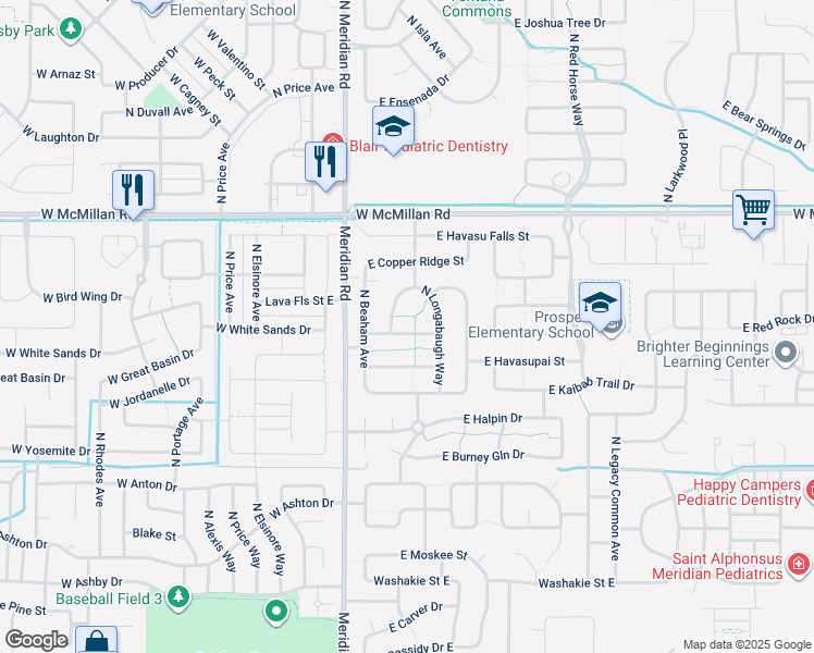 map of restaurants, bars, coffee shops, grocery stores, and more near 206 E Red Rock St in Meridian